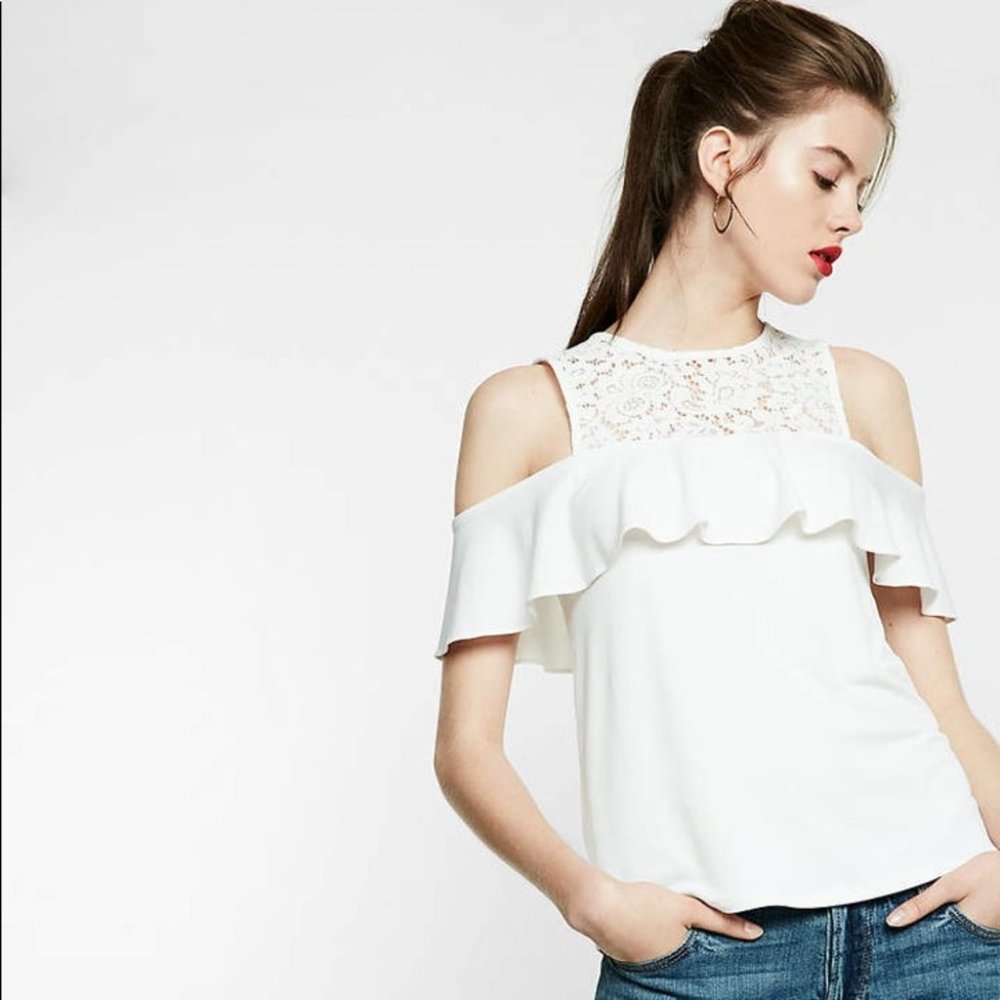 Cold Shoulder Lace Ruffle‎ Top Shirt Sleeve Tee